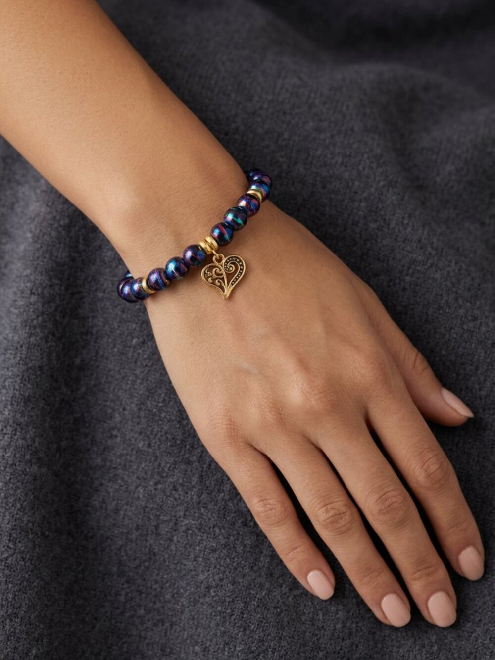 Designs by Forte Iridescent Nebula Bead Stretch Bracelet with Gold Heart Charm